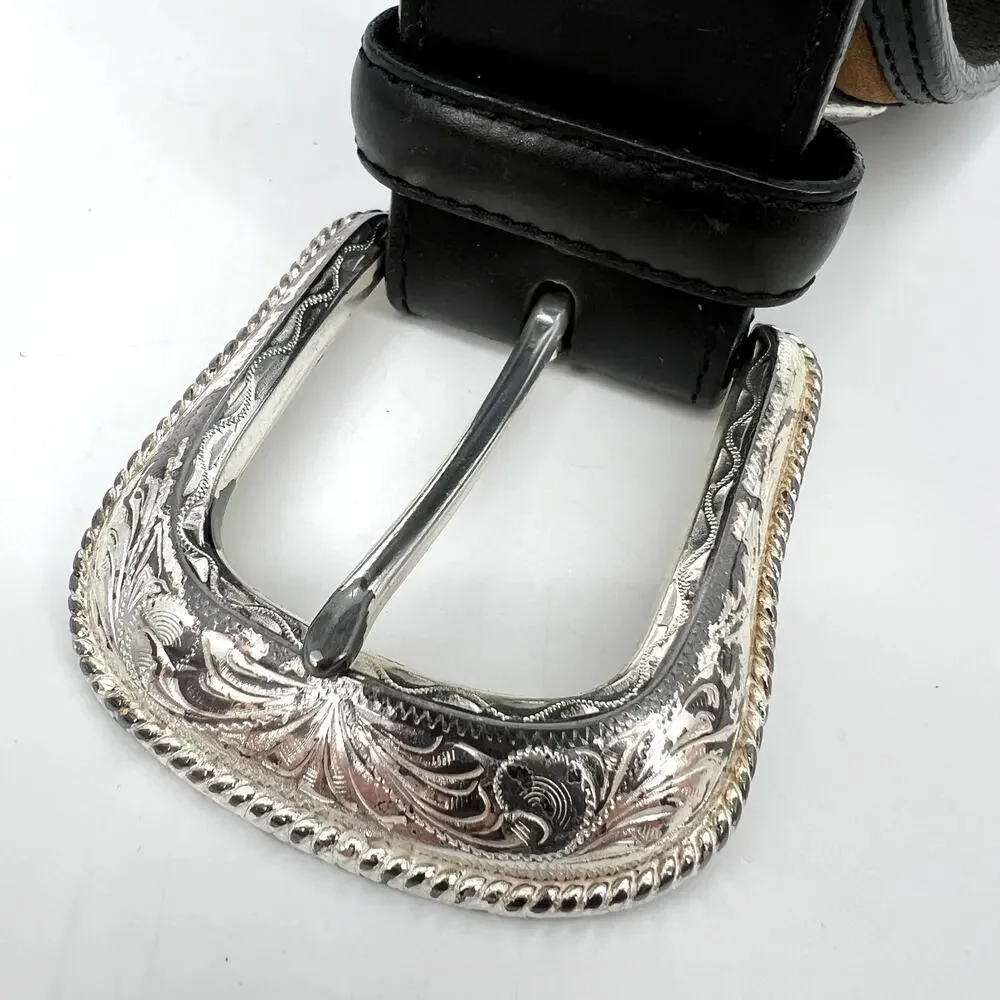 Vintage Justin Black Leather Belt Diamond Conchos Size 32